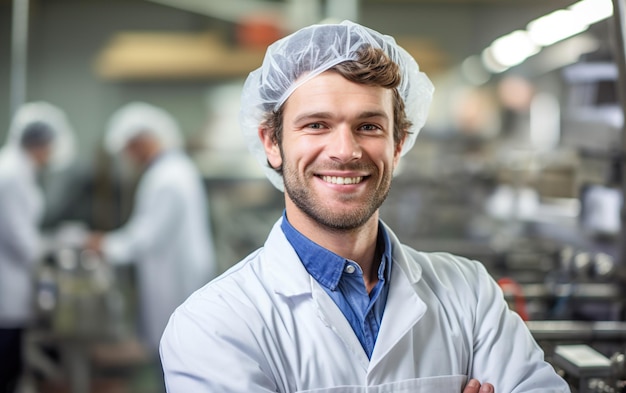 Portrait of an happy employee and a production line in the background