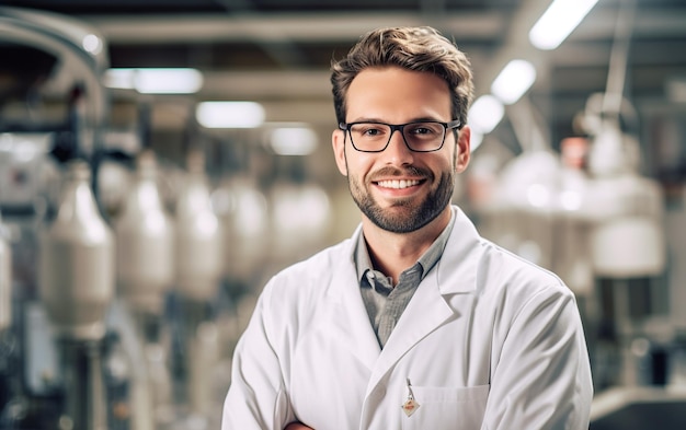 Portrait of an happy employee and a production line in the background