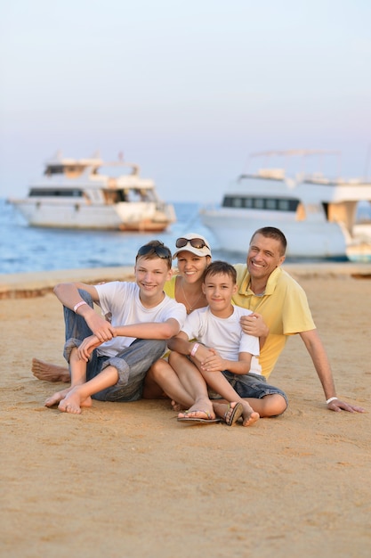 Portrait of a happy family at beach in summer,back view