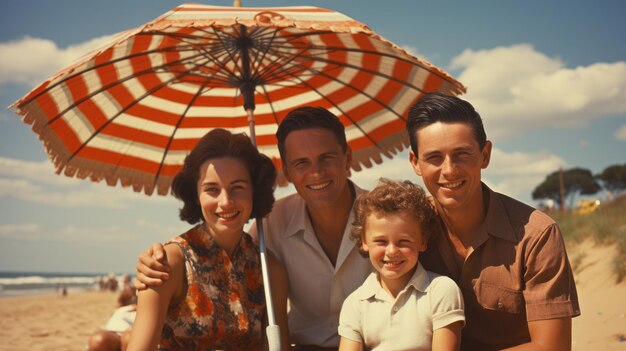 Portrait of happy family on the beach under umbrella retro style Generative AI