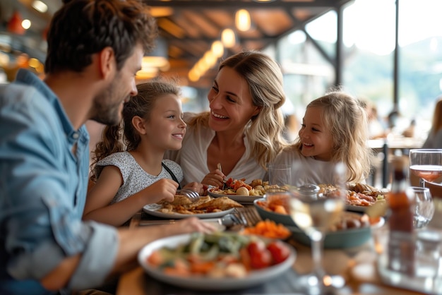 Photo portrait of happy family eating at restaurant