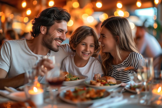 Портрет счастливой семьи, едущей в ресторане