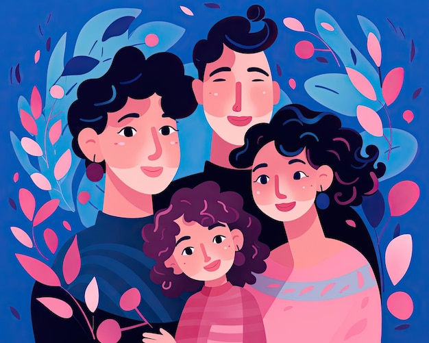 портрет счастливой семьи, обнимающей друг друга в стиле графического дизайна, вдохновленной иллюстрацией