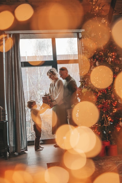 Foto ritratto di una famiglia felice in maglioni beige a maglia in attesa di babbo natale all'interno