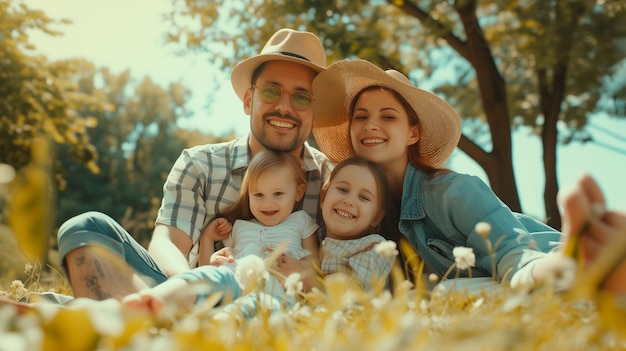 Portrait of a happy family on a picnic together in outdoor green garden happy smile and parents