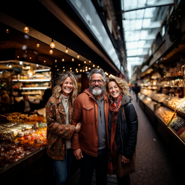 Portrait of a happy family posing at the food market as a keepsake for the family album