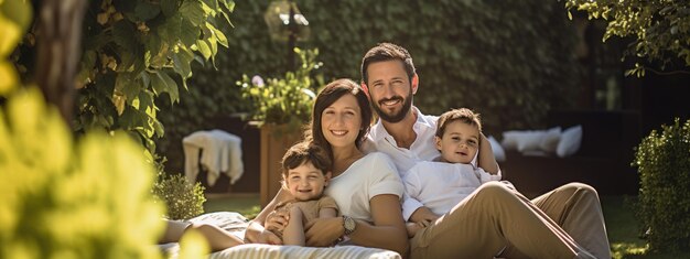 Photo portrait of happy family in their own backyard