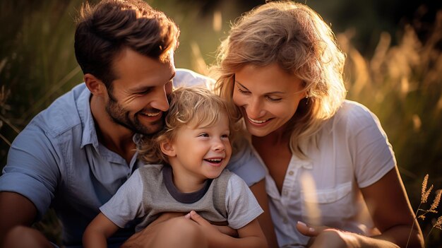 Foto ritratto di una famiglia felice nel loro cortile