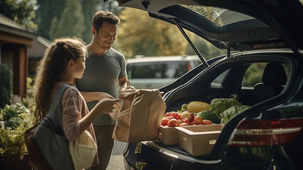 Portrait of a happy family with car at picnic