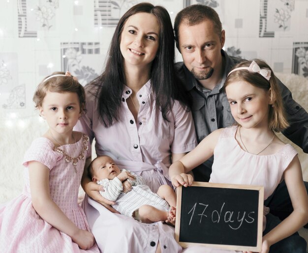 Portrait of a happy family with a recording board