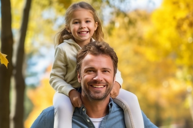 Портрет счастливого отца и его маленькой дочери в парке