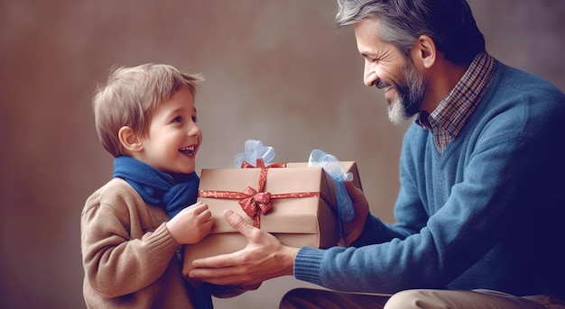 Ritratto di un padre felice e di suo figlio che gli fa un regalo per celebrare la festa del papà in una tenera scena generata dall'intelligenza artificiale