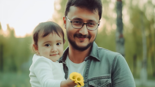 Foto ritratto di padre felice che tiene bambino e fiori nelle mani ia generativa