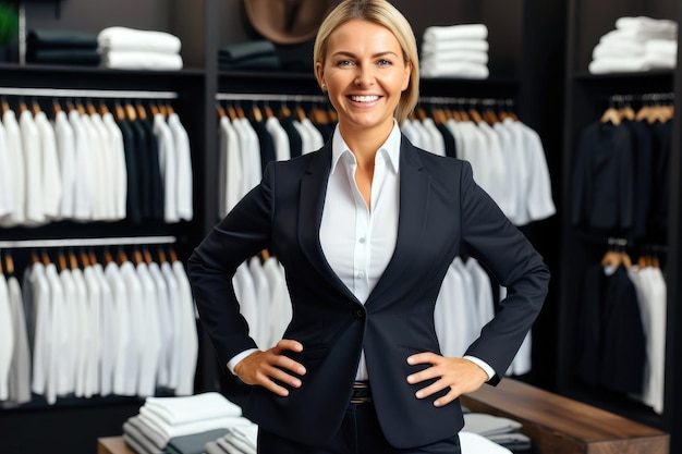 Foto ritratto di una cliente femminile felice che prova un tailleur in un negozio di abbigliamento