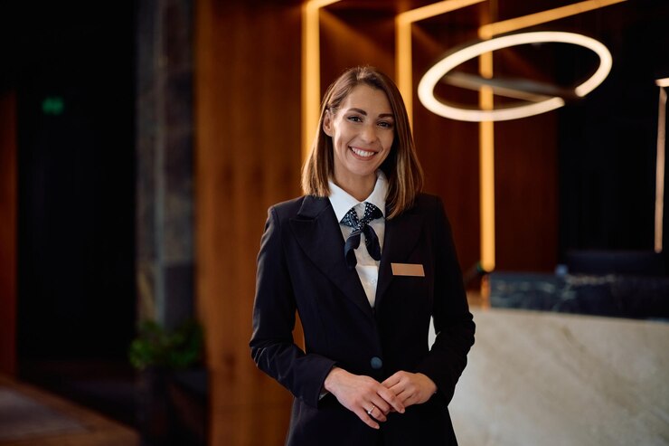 Photo portrait of happy female hotel manager looking at camera