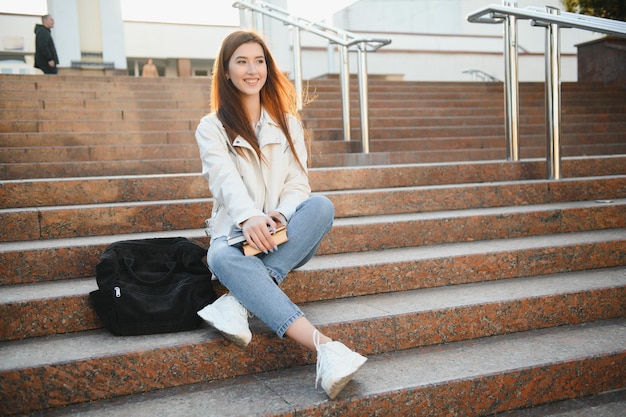 本を持って、屋外でカメラを見ている幸せな女子学生の肖像画