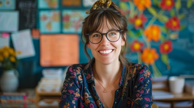 Portrait of happy female teacher wearing eyeglasses in classroom