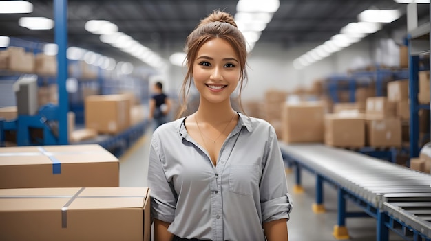 Портрет счастливой работницы склада, стоящей на складе