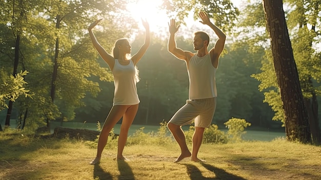 portrait happy fitness Couple doing arm stretches