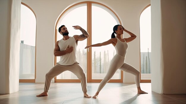 portrait happy fitness Couple doing arm stretches