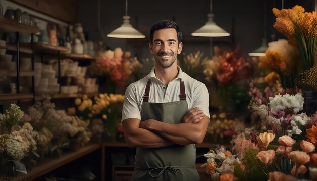 Portrait of happy florist in flower shop