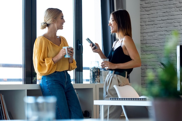 Portrait of happy freelance business women seller taking a break while talking in her startup small business.