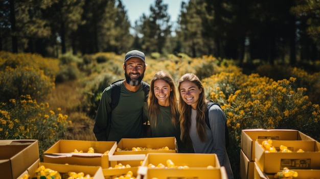 Portrait of happy friends standing in field with boxes of yellow flowers