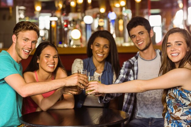 Portrait of happy friends toasting with drink and beer