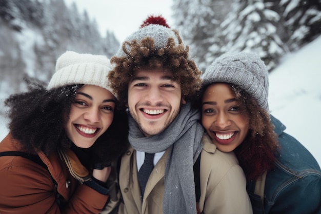 Portrait of happy friends in winter clothes looking at camera and smiling Multiracial young happy group of friends having fun together on winter holidays AI Generated