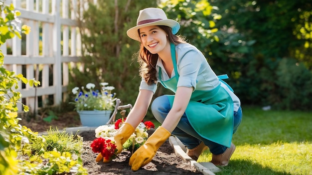 手袋をかぶった幸せなガーデニングの女性の肖像画帽子とエプロン家の花壇に花を植える