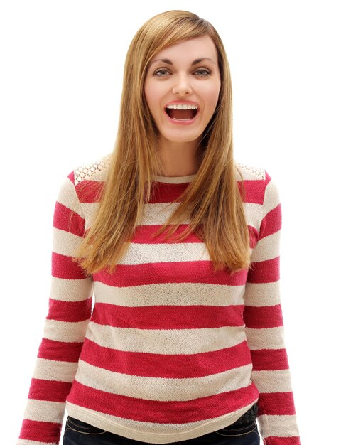 Photo portrait of happy girl laughing at camera