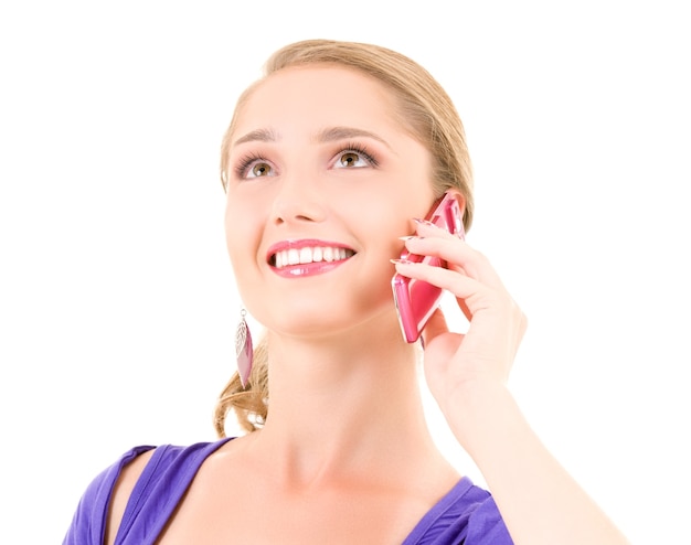 Foto ritratto di ragazza felice con telefono rosa