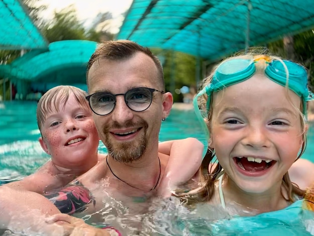 Photo portrait of happy girl with swimming pool