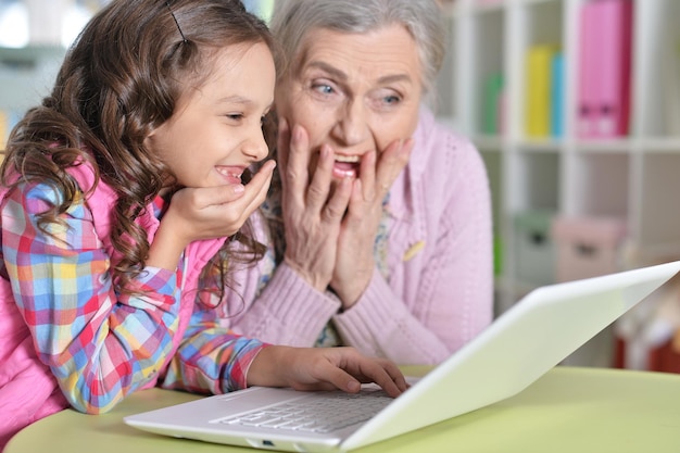 Portrait of happy grandmother and daughter using laptop