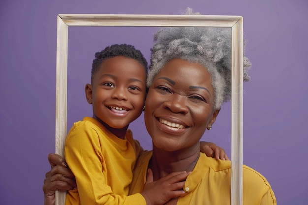 Photo portrait of happy grandmother gray hair with your grandsons