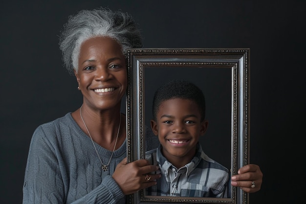 Photo portrait of happy grandmother gray hair with your grandsons