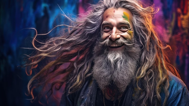 Portrait of a happy guy smiling with long hairs and a beard