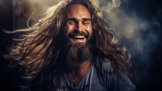 Portrait of a happy guy smiling with long hairs and a beard