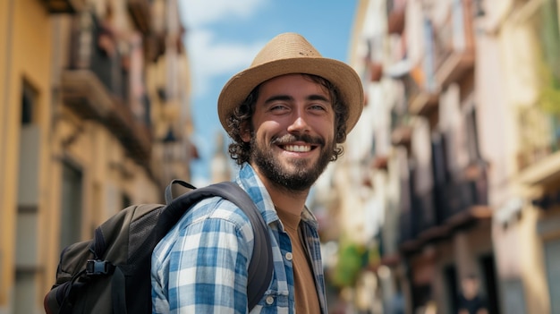 Foto ritratto di un uomo felice, bello e hipster con uno zaino in una città spagnola, in viaggio da solo, stile di vita di nomadi digitali, giovane turista che si diverte in vacanza in una giornata di sole.