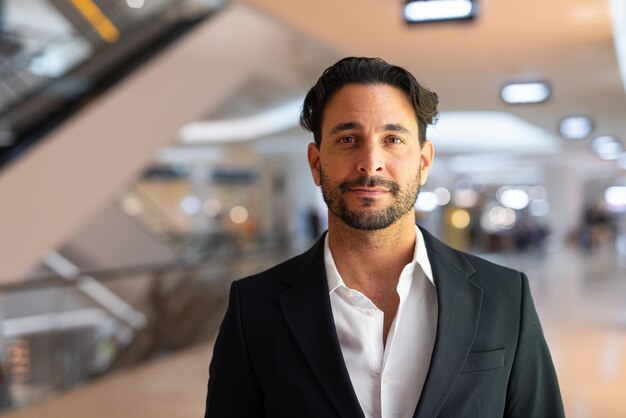 Portrait of happy handsome Hispanic businessman at city