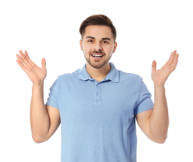 Portrait of happy handsome man on white background