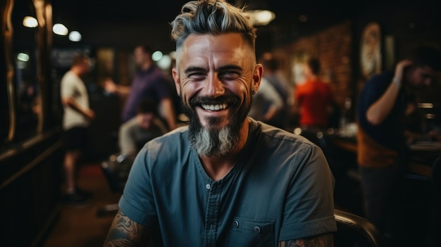 Portrait of happy hipster man smiling while sitting at barber shop.