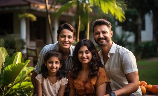 Portrait of Happy Indian Asian Family while sitting on Lawn outdoor