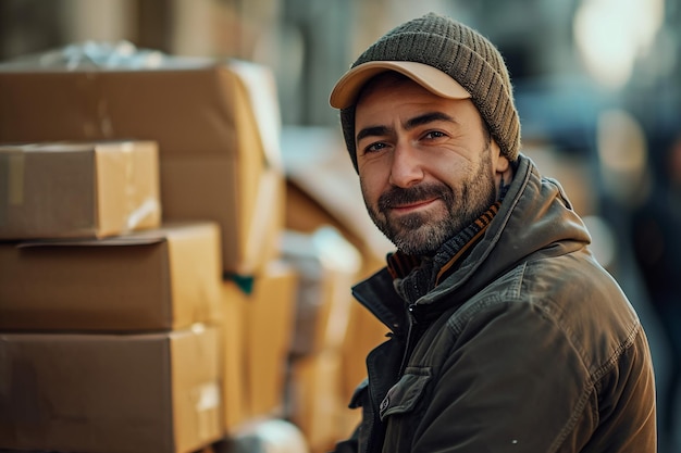 Portrait of happy Indian delivery man in red cap and Tshirt hold cardboard box isolated on beige studio background Courier or Parcel Service concept