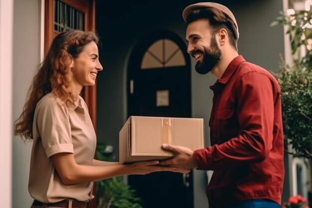 Portrait of happy Indian delivery man in red cap and Tshirt hold cardboard box isolated on beige studio background Courier or Parcel Service concept