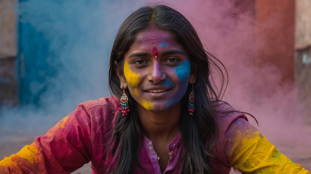 Portrait of happy indian girl in traditional hindu sari on holi colorHoli Festival Of Colours