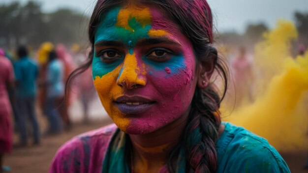 Portrait of happy indian girl in traditional hindu sari on holi colorHoli Festival Of Colours