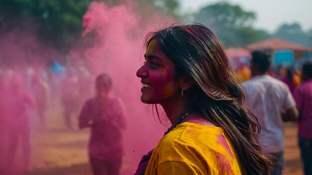 Portrait of happy indian girl in traditional hindu sari on holi colorHoli Festival Of Colours