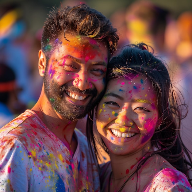 Portrait of happy indian man and chinese woman couple at Holi festival India