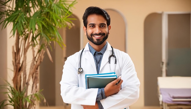 Photo portrait happy indian mbbs student medical student study doctor aspiring doctor success joy